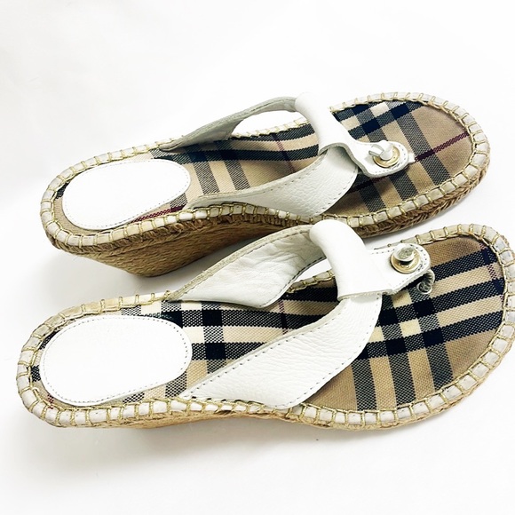 BURBERRY White Leather Espadrille Wedge Sandal “Eslorcal48” Size 39 - Picture 2 of 7